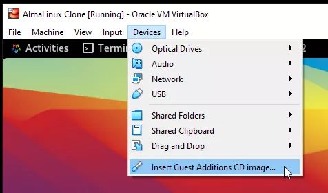 Inserting the VirtualBox Guest Additions CD image