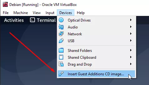 Inserting the VirtualBox Guest Additions CD image