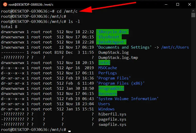 Accessing the C drive in WSL and listing directory files