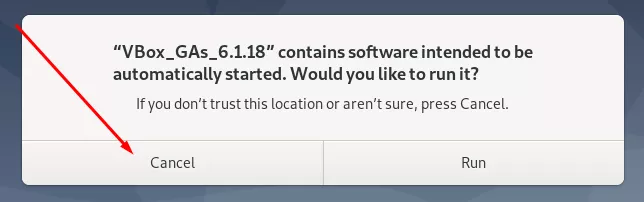 VirtualBox Guest Additions prompt asking if we want to run the installer