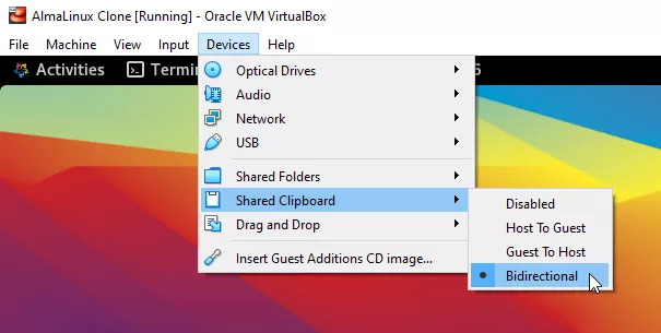 Enabling the shared clipboard in VirtualBox