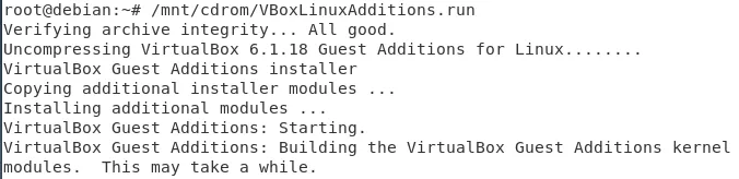 Terminal output showing VirtualBox Guest Additions being installed