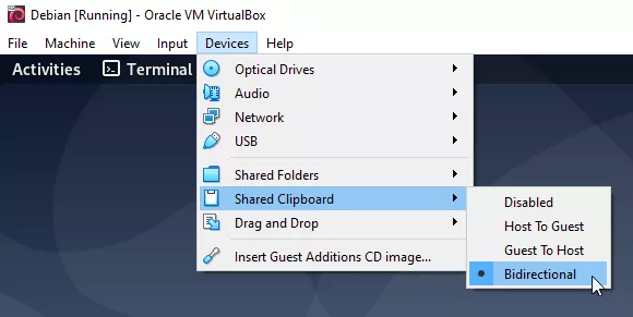 Enabling the shared clipboard in VirtualBox