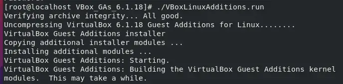 Terminal output showing VirtualBox Guest Additions being installed