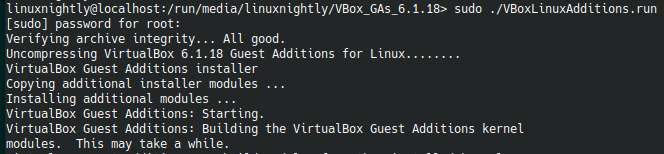 Terminal output showing VirtualBox Guest Additions being installed