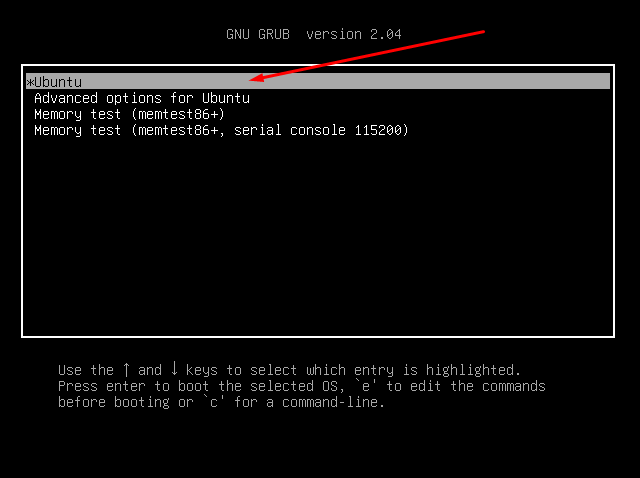 Select Ubuntu option and press e for edit