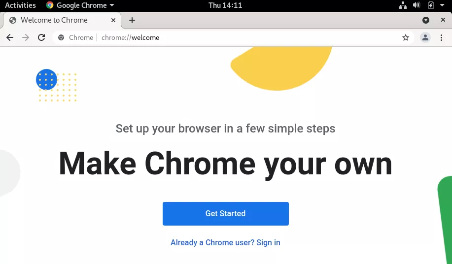 The Google Chrome welcome screen on Debian