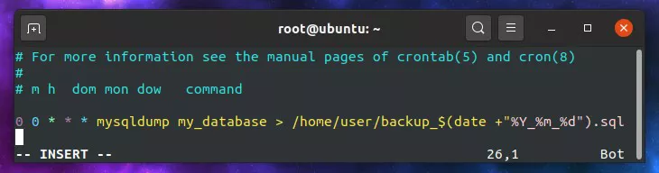 Cron configuration showing daily backup of MySQL database