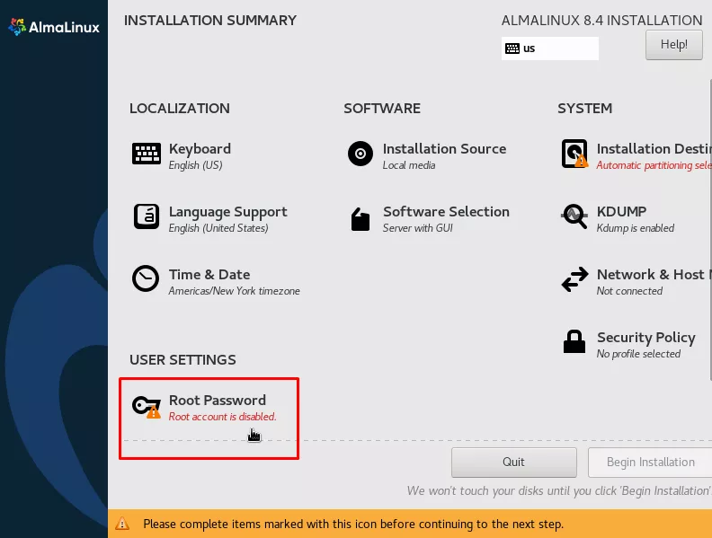 Choose option to configure root password