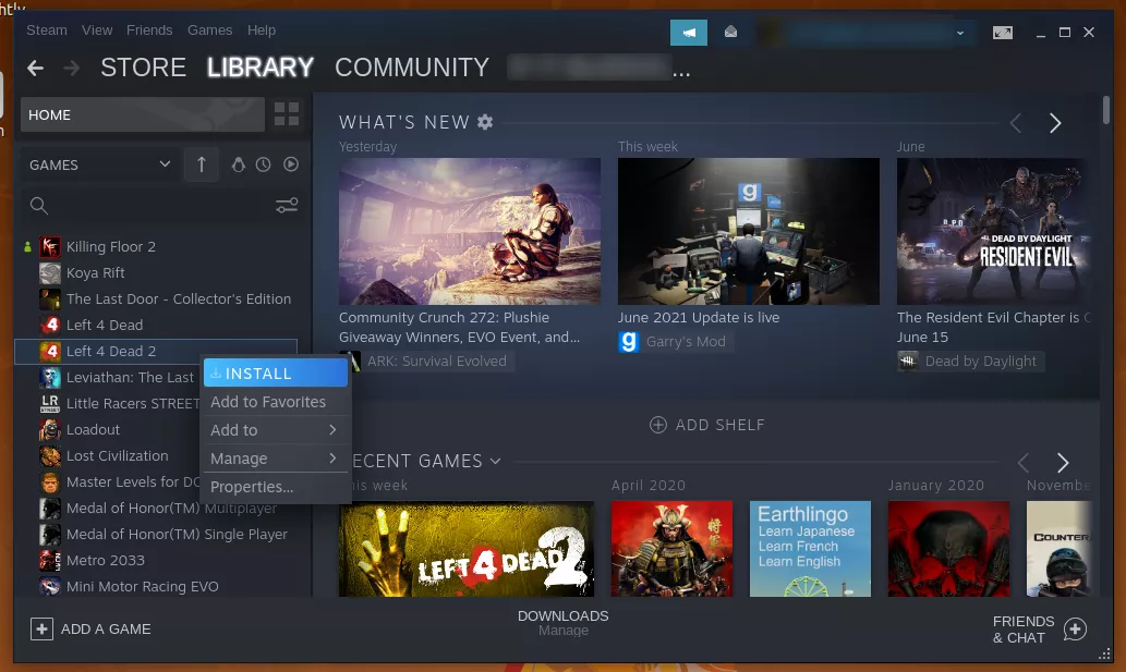 Steam library menu showing available games
