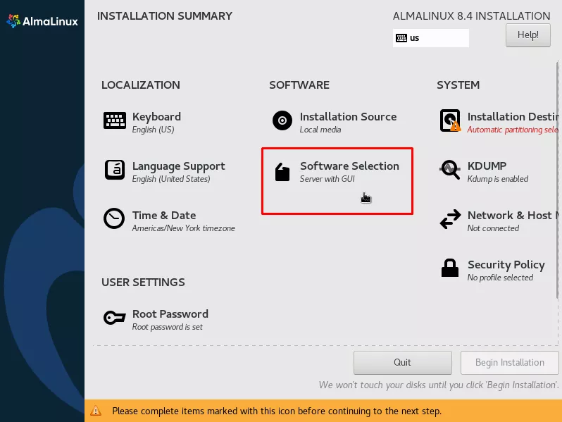 Choose to configure the software selection for the AlmaLinux install