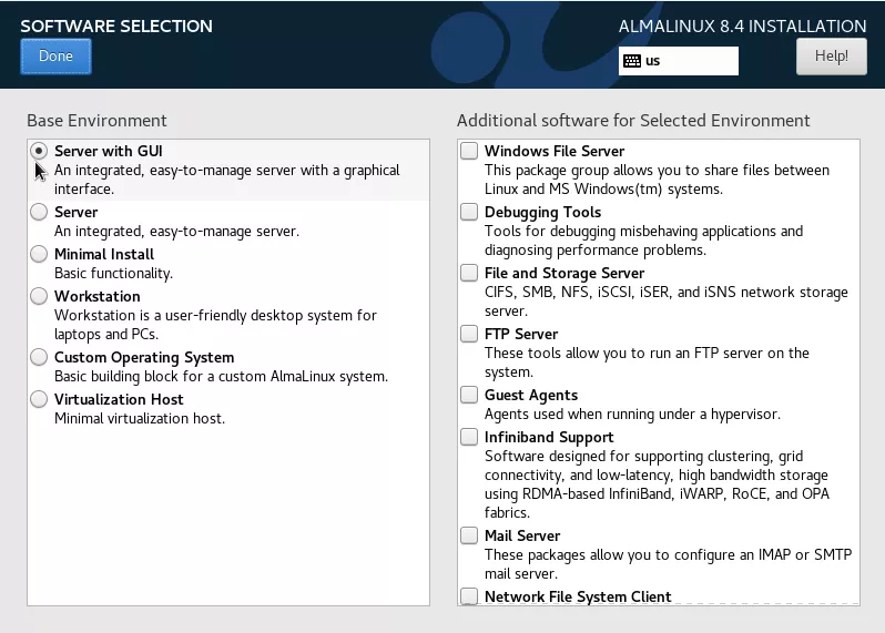 Choose the base environment and additional software to install