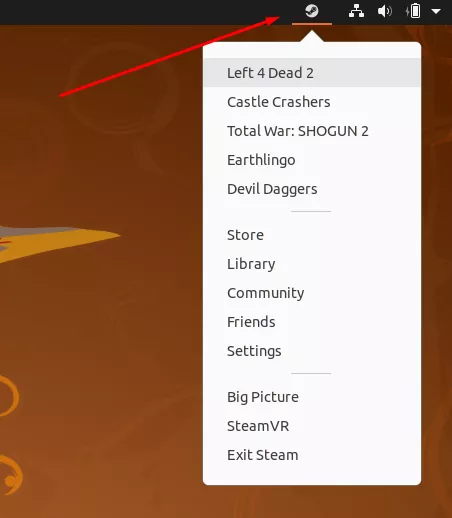 Steam context menu from the taskbar icon