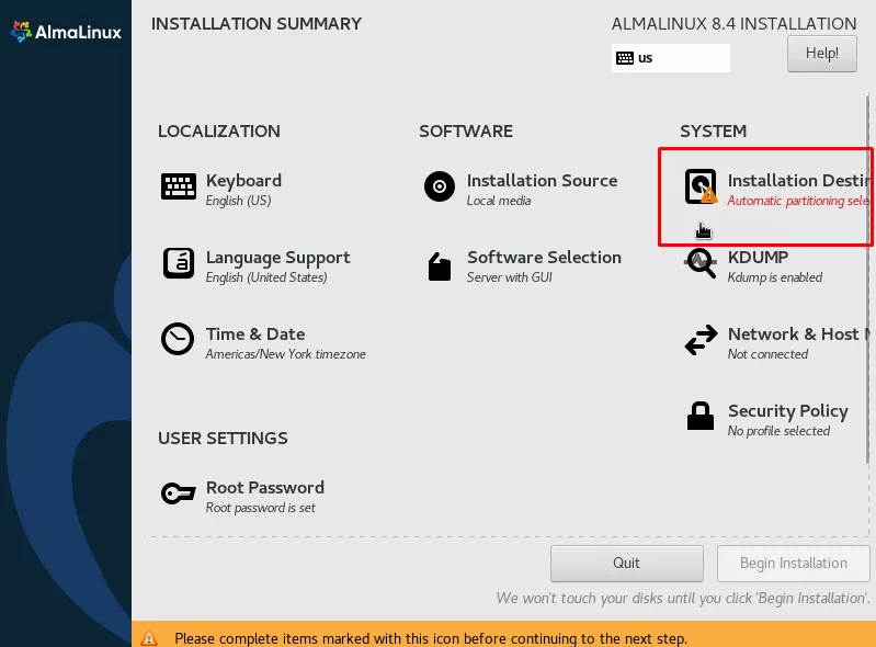 Select the installation destination option to configure disk partitions