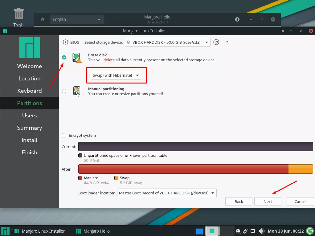 Selecting hard drive partitioning settings