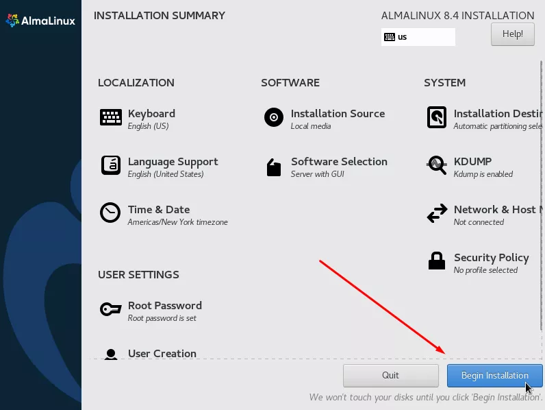 Click to finish initial AlmaLinux configuration