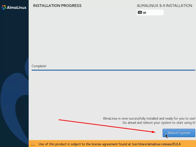 Clicking the reboot button to finish installing AlmaLinux