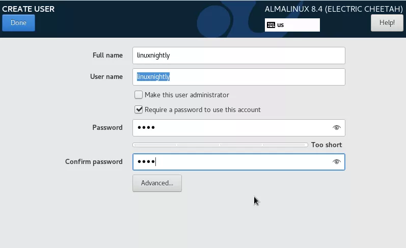 Configuring user account for AlmaLinux