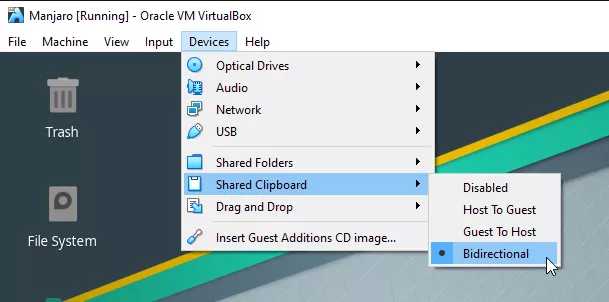 Enabling shared clipboard for Manjaro virtual machine