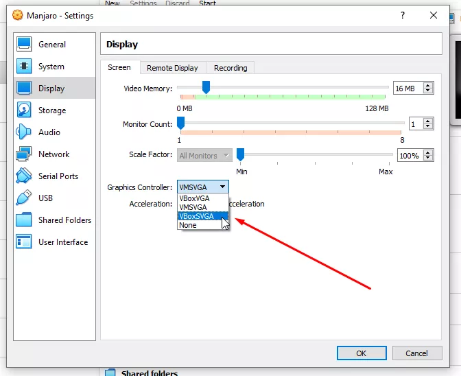 Configuring graphics controller for Manjaro virtual machine