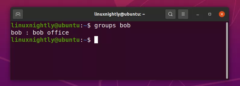 Running the groups command to see what groups a user is in