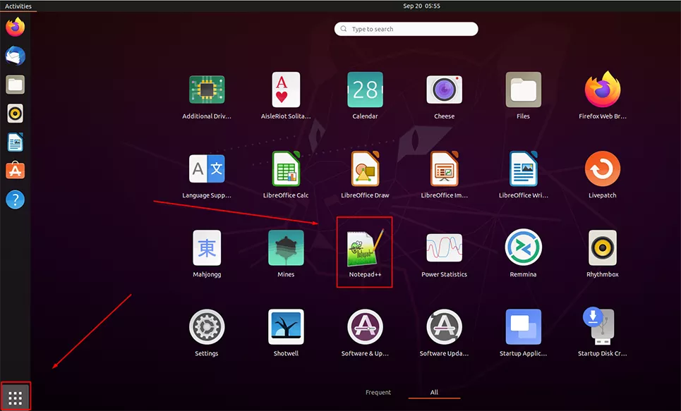 Opening Notepad++ from the Ubuntu dashboard