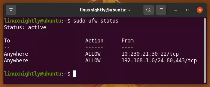 Output of ufw status, showing allowed ports and IP addresses