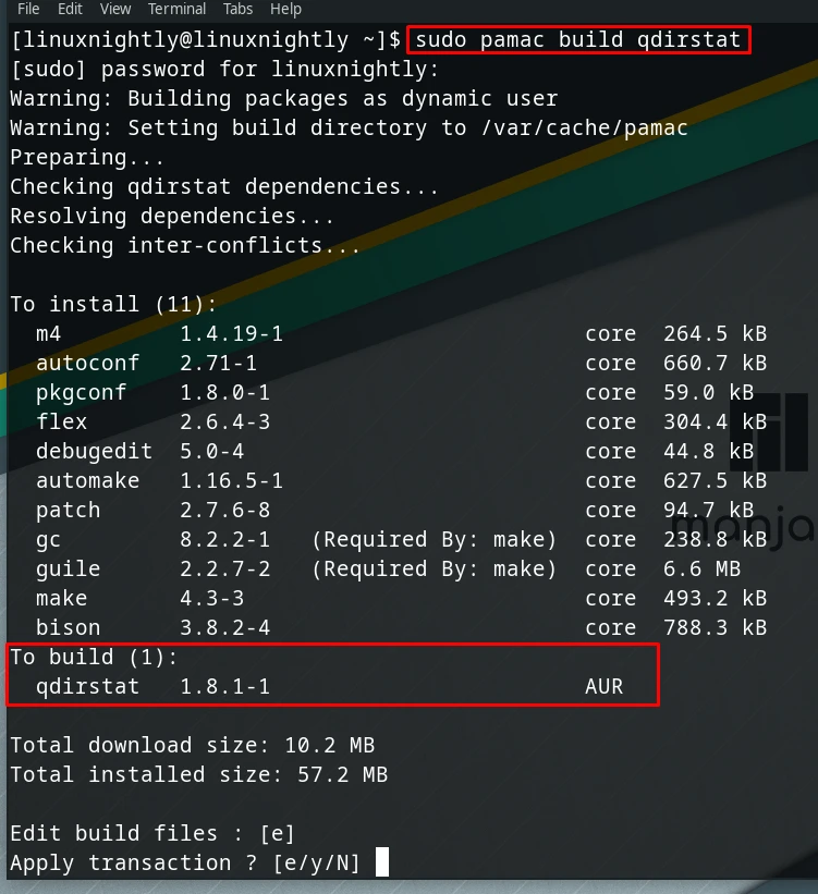 Terminal output confirming installation from AUR in pamac