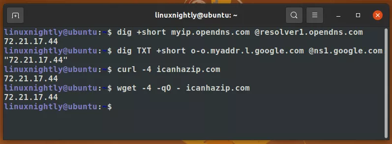Using dig, curl, and wget commands to check external IP address in Linux