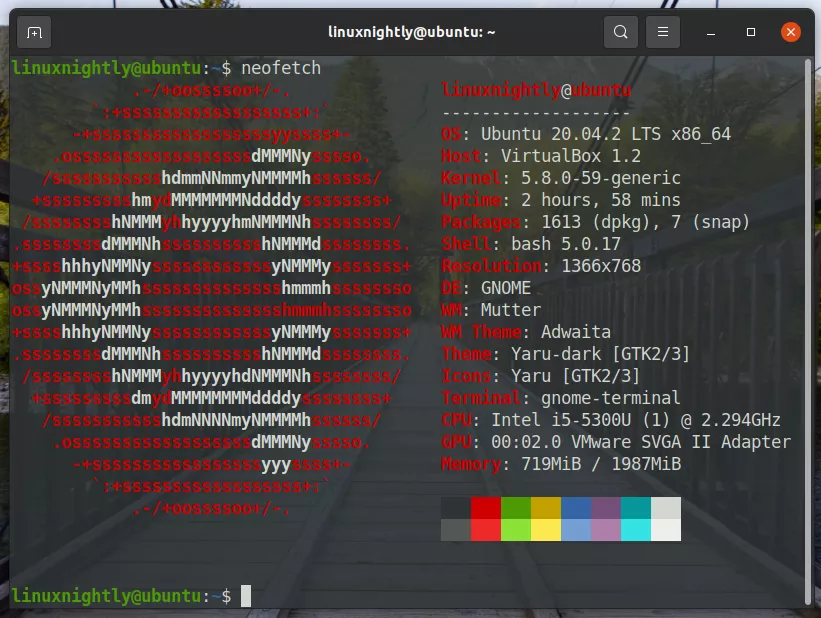 The Neofetch command being run in an Ubuntu terminal