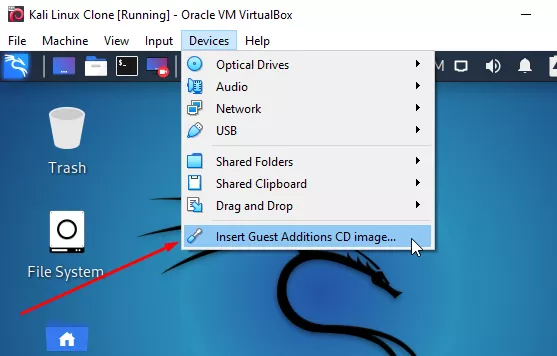 Inserting the VirtualBox Guest Additions CD image