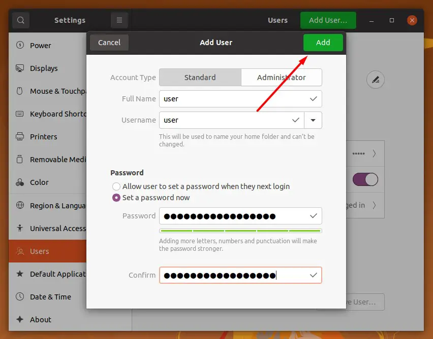 Adding a new user via GUI on Ubuntu