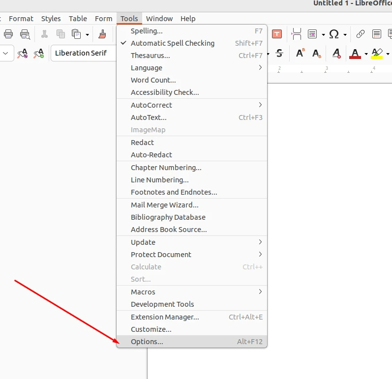 Opening the Options panel in LibreOffice