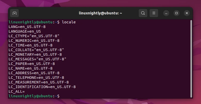 Ouput showing the default locale in Ubuntu