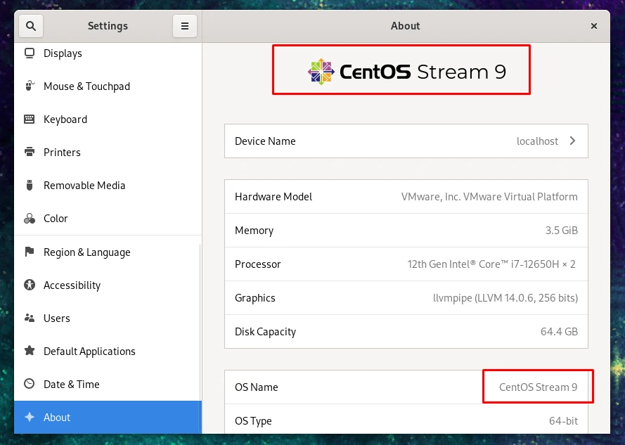 Checking CentOS version via GUI settings menu