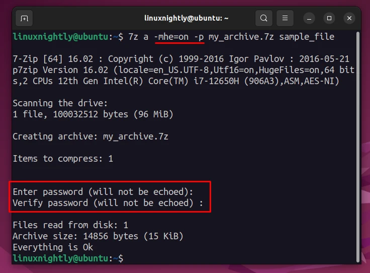 Terminal output prompting for a password to secure the 7-Zip archive
