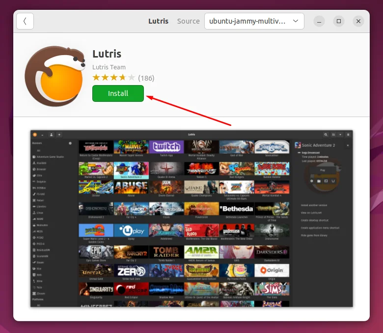 Installing Lutris via the Ubuntu Software application