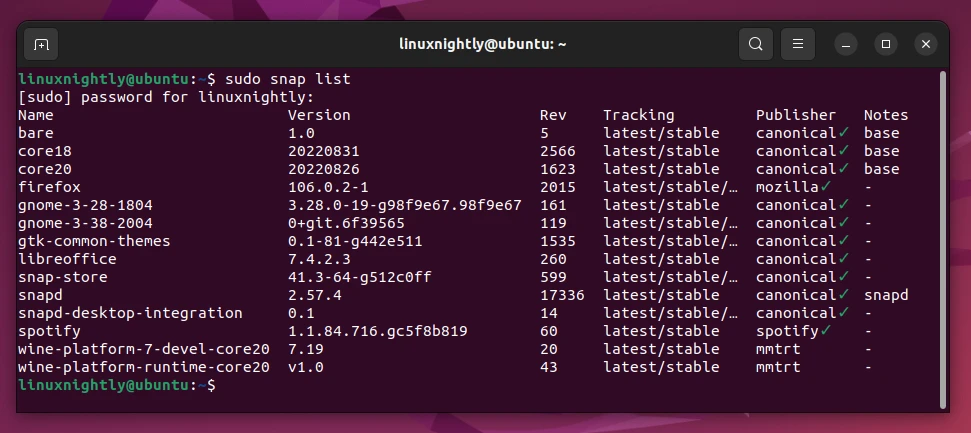 Listing all the snap packages installed on Ubuntu