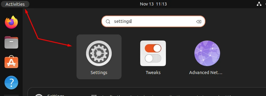 Ubuntu Activities menu showing the Settings option