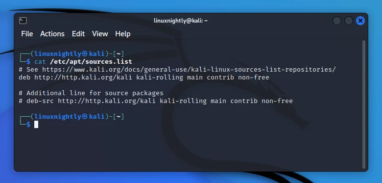 Terminal output showing the contents of the sources.list file