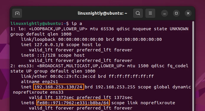 Terminal output from the ip command