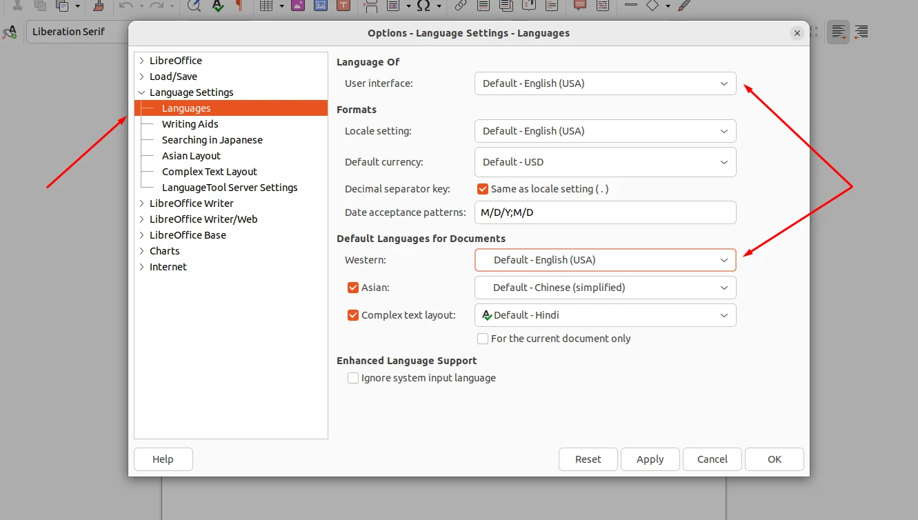 The Languages menu inside LibreOffice Options