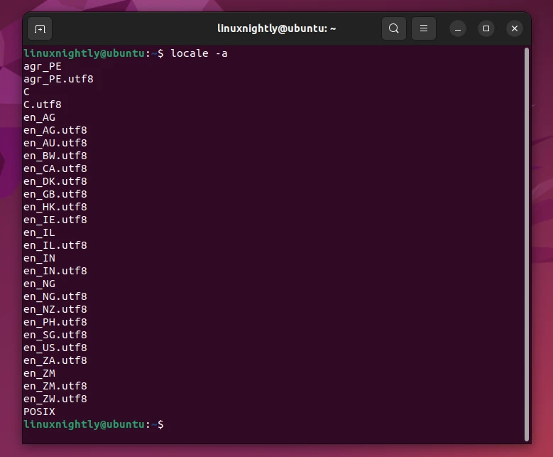 Output of the list showing locales installed in Ubuntu