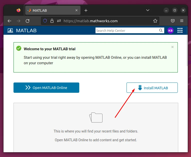 The install Matlab button from the website