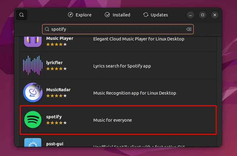 Searching for Spotify in the Ubuntu Software