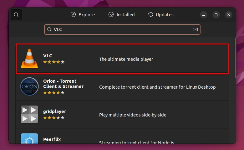 Searching for VLC in the Ubuntu Software Center
