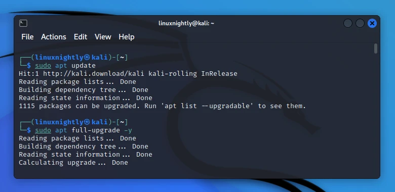 Updating information of packages and upgrading Kali via command line