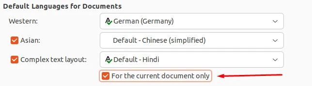 Languages menu showing the optional checkbox for current document only