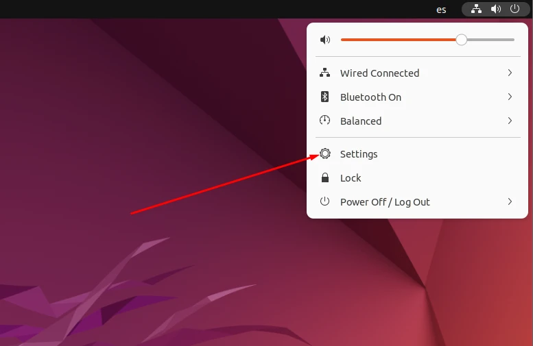 Opening Settings panel on GNOME desktop
