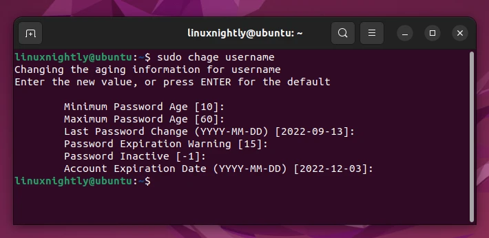Output showing the interactive mode using chage command